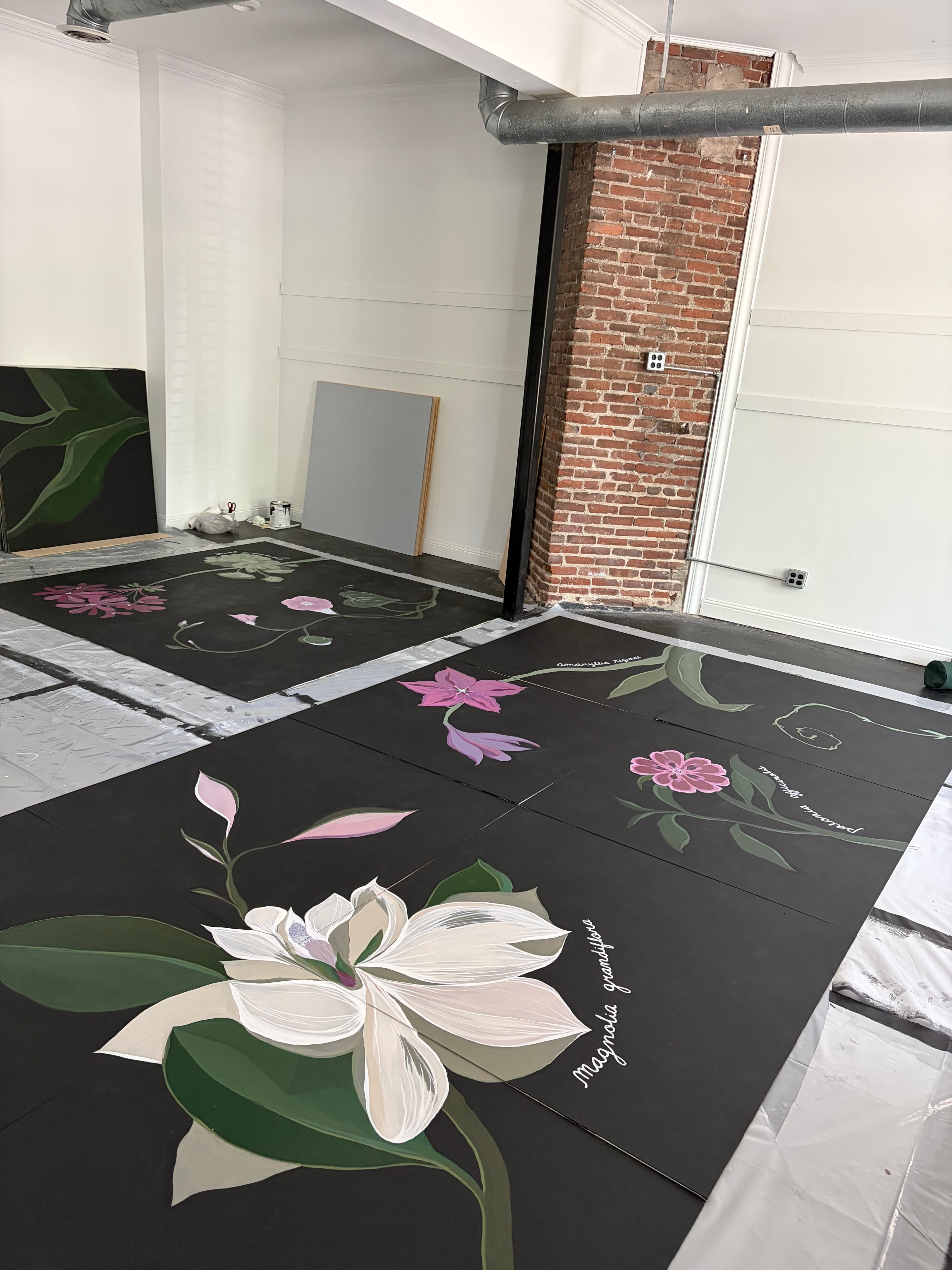 Dance floor mural botanical artwork on dark panels