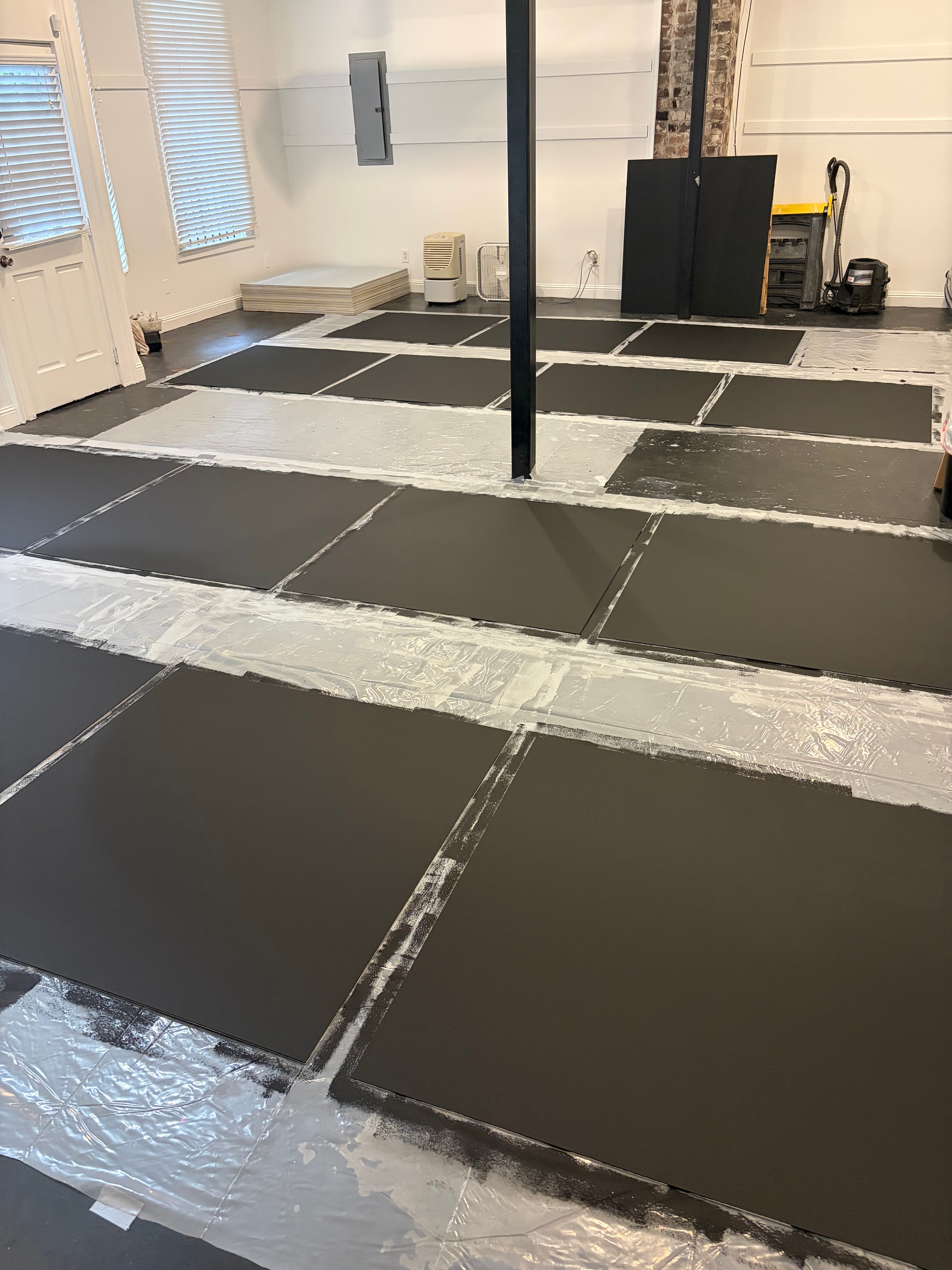 Modular dance floor panels prepped in studio